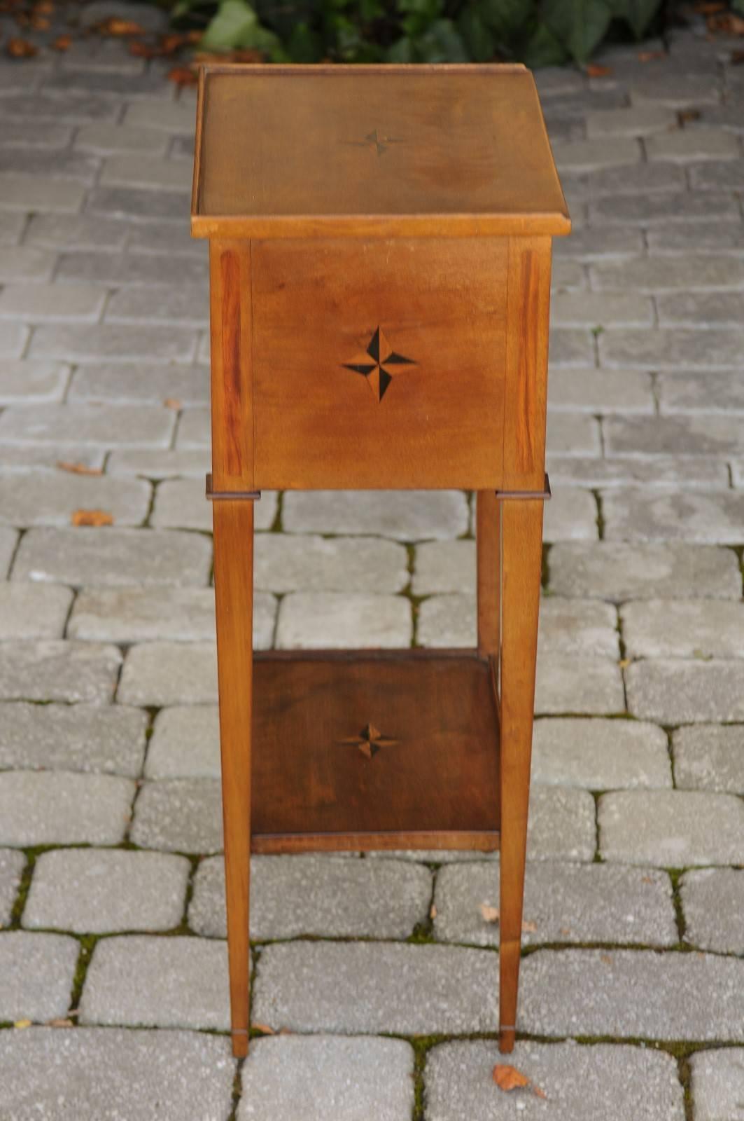 French 1920s Wooden Side Table with Star Inlay, Three Drawers and Lower Shelf 5