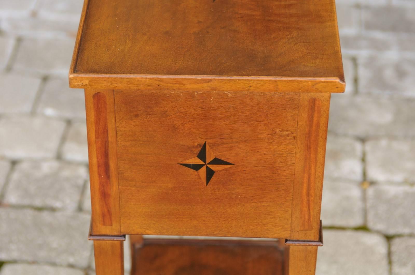 French 1920s Wooden Side Table with Star Inlay, Three Drawers and Lower Shelf 6