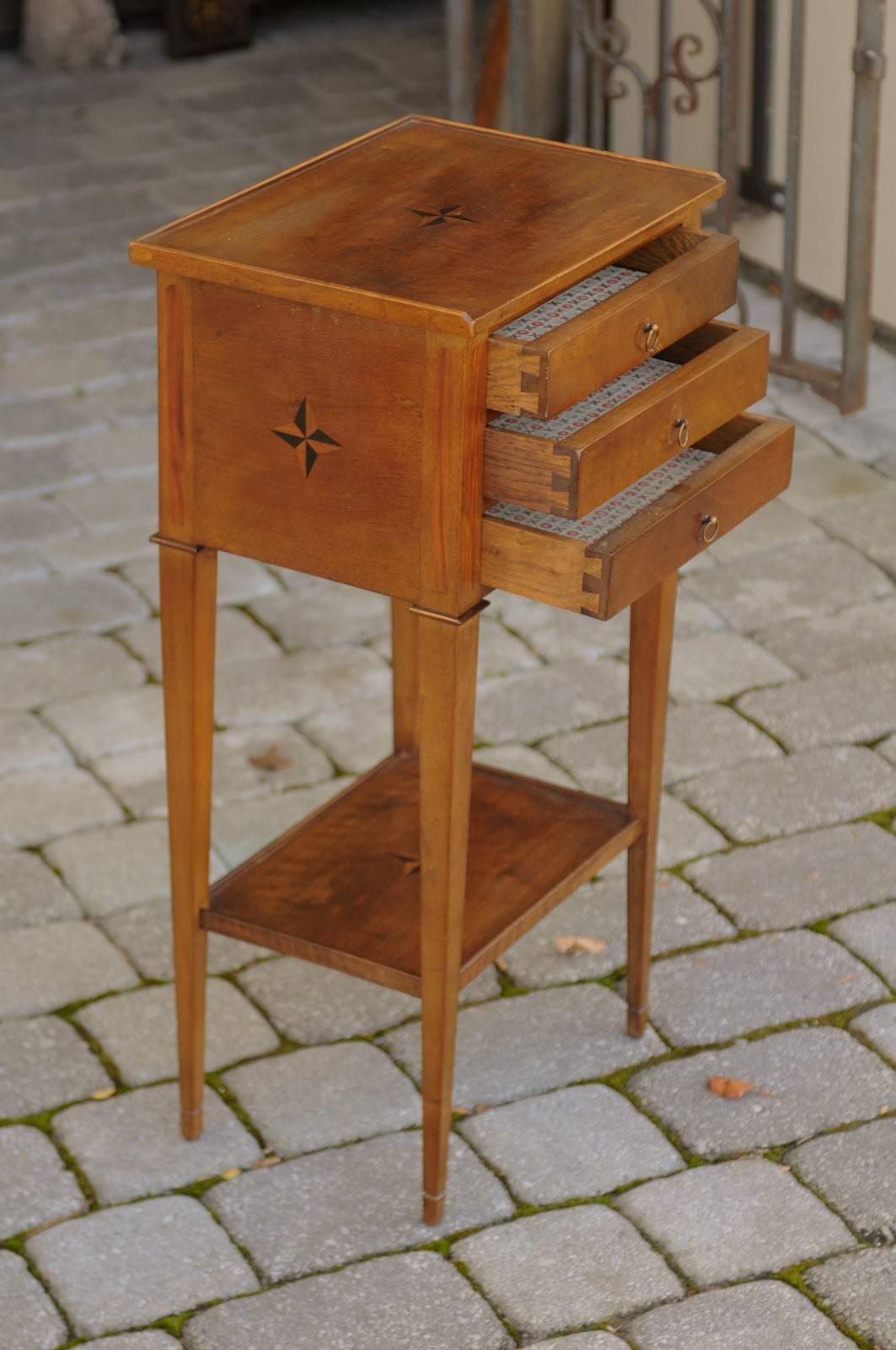 French 1920s Wooden Side Table with Star Inlay, Three Drawers and Lower Shelf 1