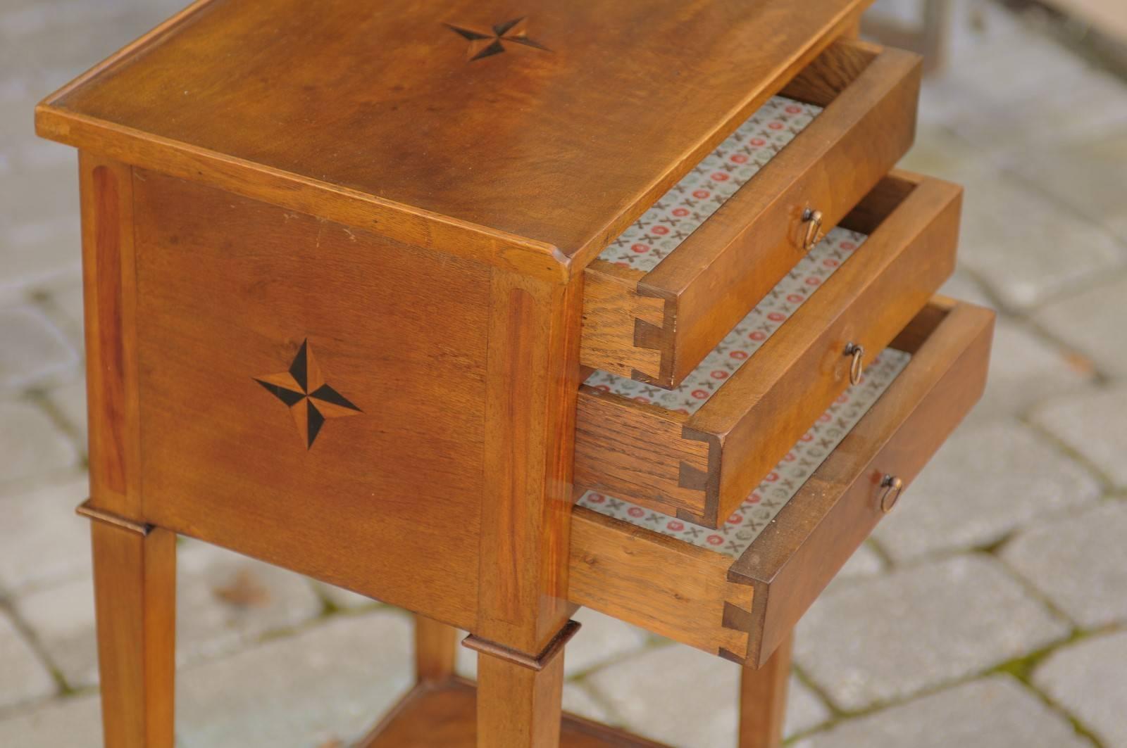 French 1920s Wooden Side Table with Star Inlay, Three Drawers and Lower Shelf 2