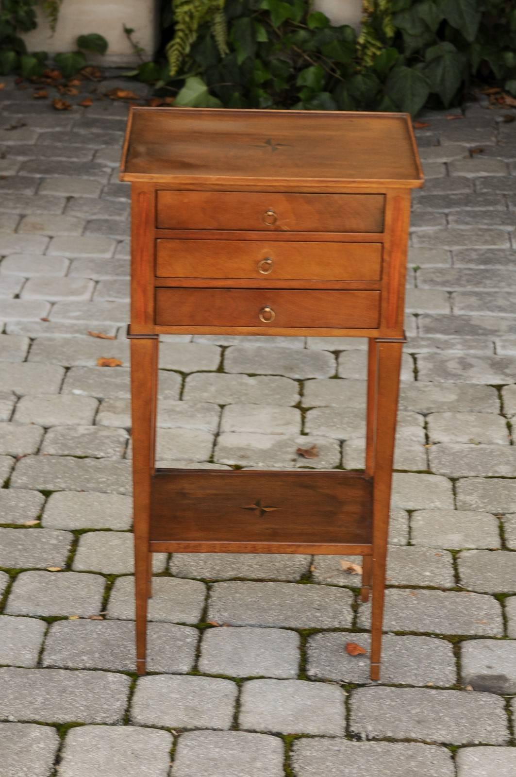 French 1920s Wooden Side Table with Star Inlay, Three Drawers and Lower Shelf 3