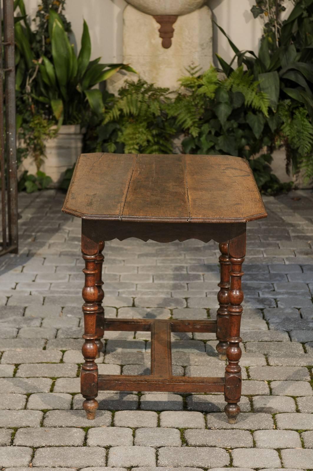 French Oak Side Table with Turned Legs and Cross Stretcher from the 1780s In Good Condition In Atlanta, GA
