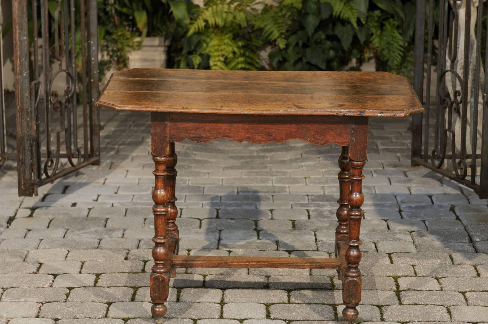 18th Century French Oak Side Table with Turned Legs and Cross Stretcher from the 1780s