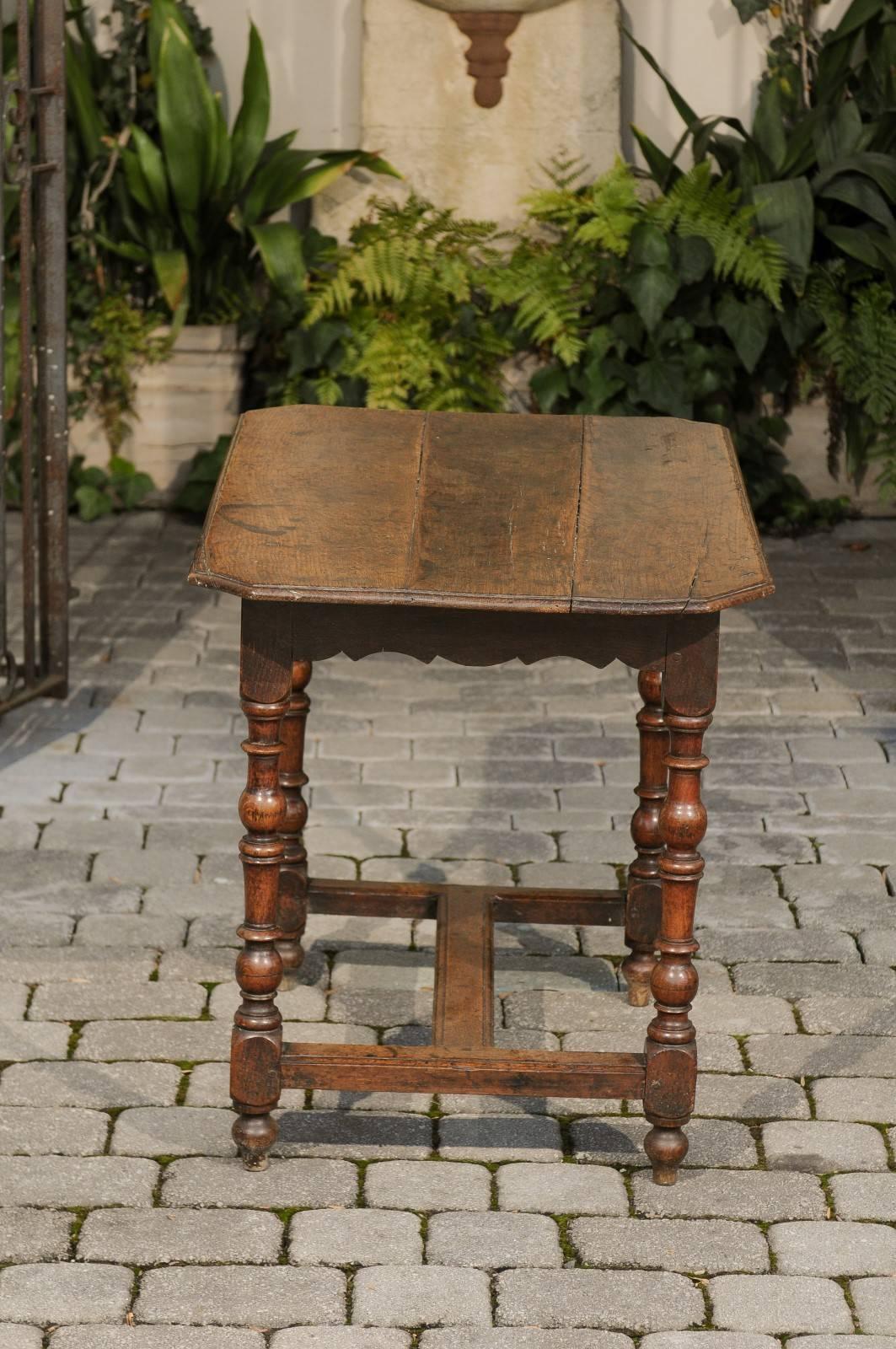 Wood French Oak Side Table with Turned Legs and Cross Stretcher from the 1780s