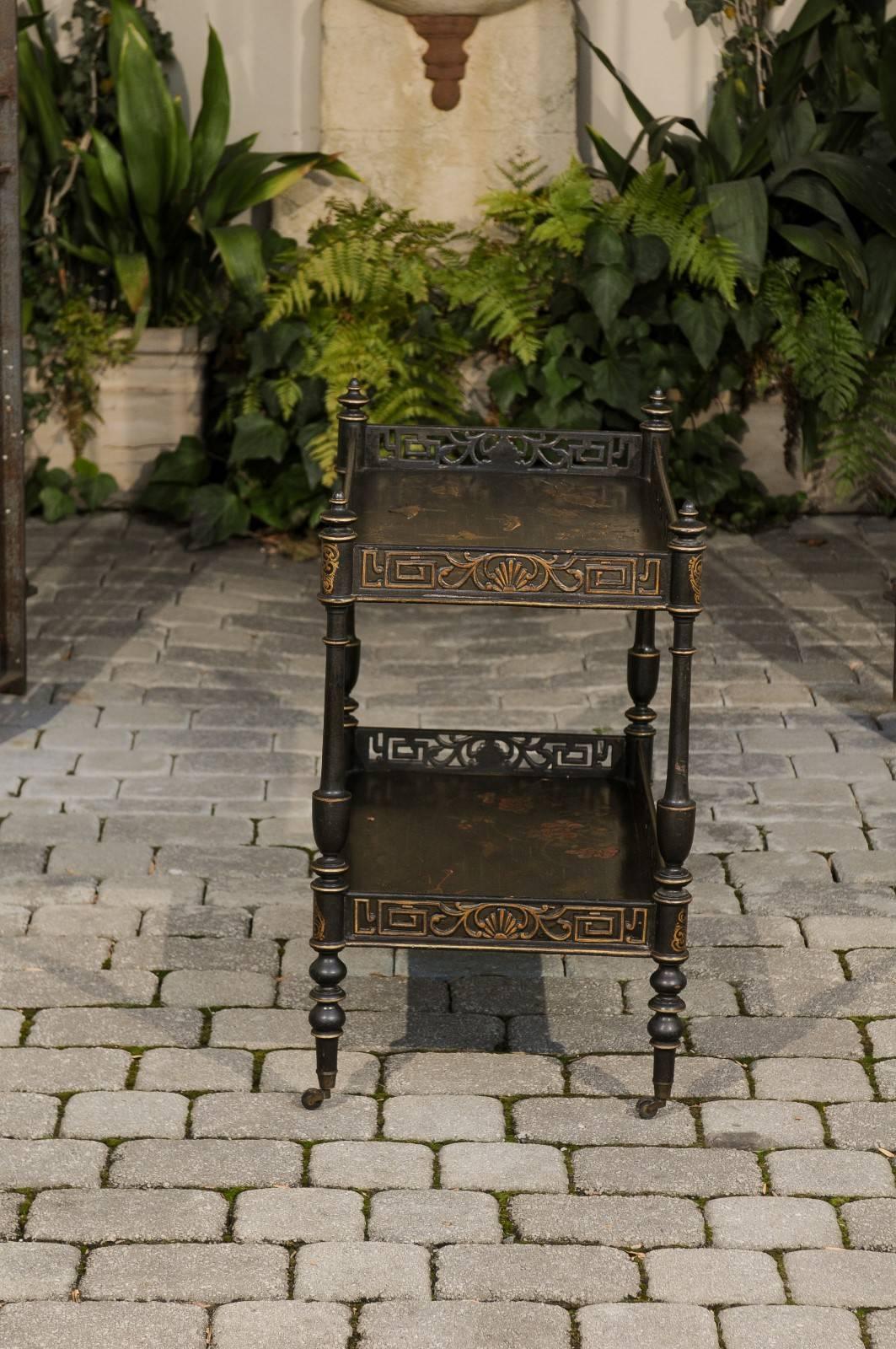 20th Century English Chinoiserie Trolley on Casters with Ebonized and Giltwood, circa 1920