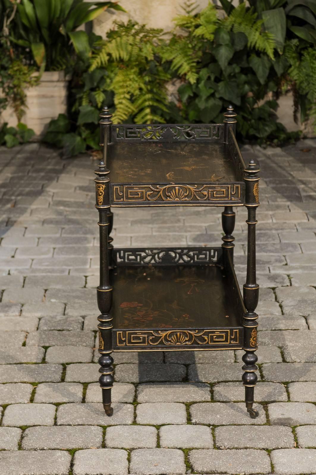 English Chinoiserie Trolley on Casters with Ebonized and Giltwood, circa 1920 2