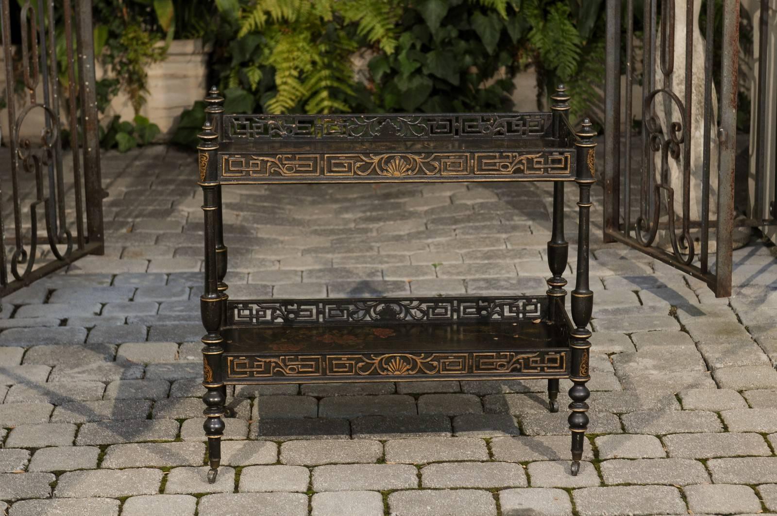 English Chinoiserie Trolley on Casters with Ebonized and Giltwood, circa 1920 1