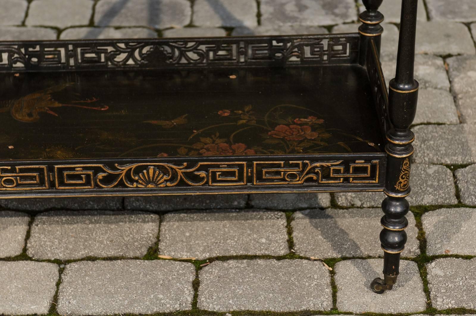 English Chinoiserie Trolley on Casters with Ebonized and Giltwood, circa 1920 5