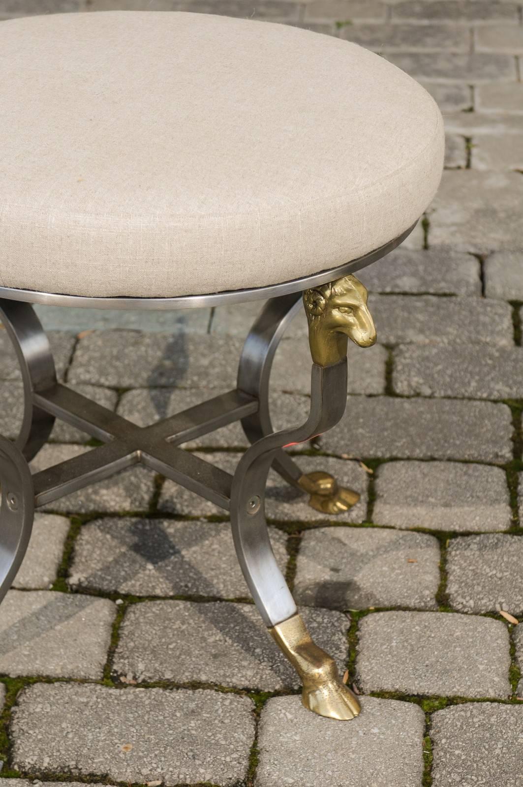 20th Century Italian 1950s Directoire Style Upholstered Steel and Brass Stool with Rams Heads