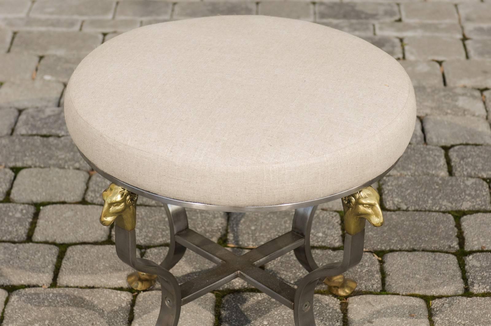 Italian 1950s Directoire Style Upholstered Steel and Brass Stool with Rams Heads 3
