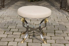 Italian 1950s Directoire Style Upholstered Steel and Brass Stool with Rams Heads