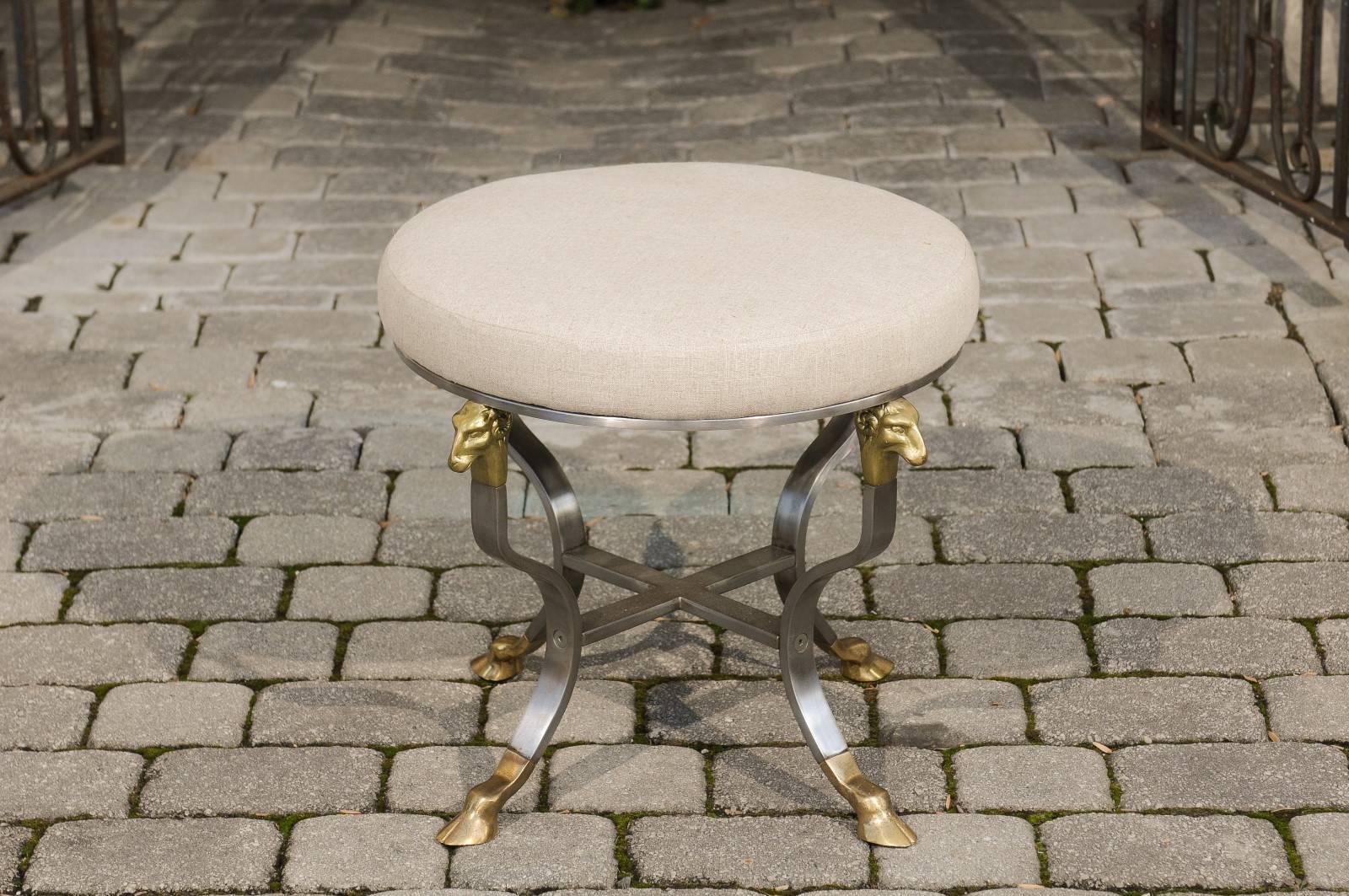 Italian 1950s Directoire Style Upholstered Steel and Brass Stool with Rams Heads 2