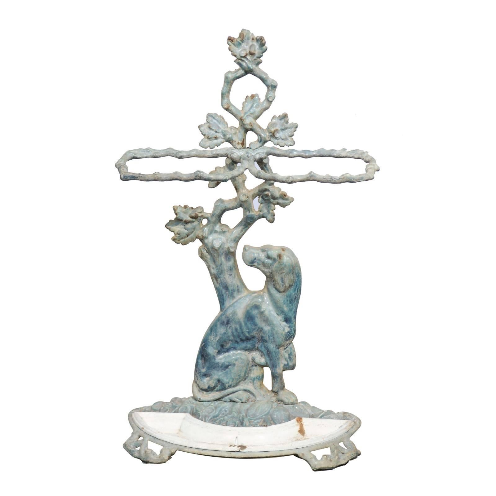 French 1900s Enameled Umbrella Stand Depicting a Dog Sitting in Front of a Tree