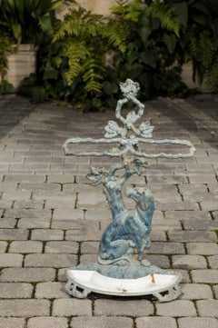 French 1900s Cast Iron Umbrella Stand Depicting a Dog Sitting in Front of a Tree
