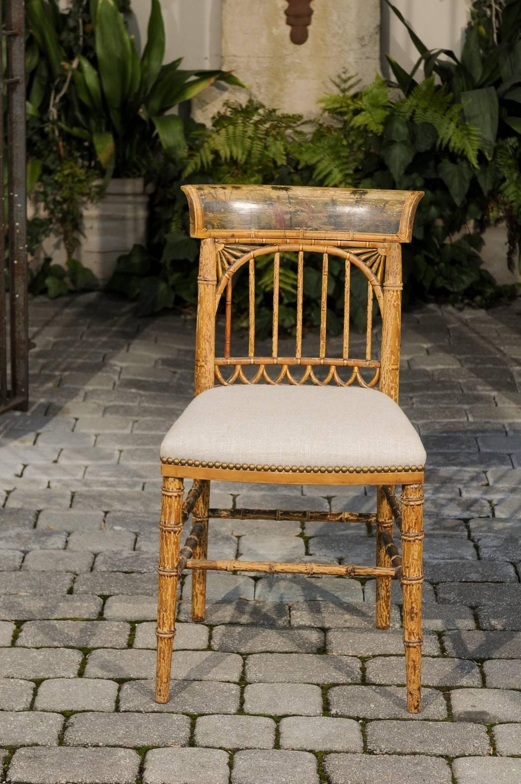 Faux Bamboo English Period Regency Accent Side Wooden Chair with Painted Scene, circa 1820