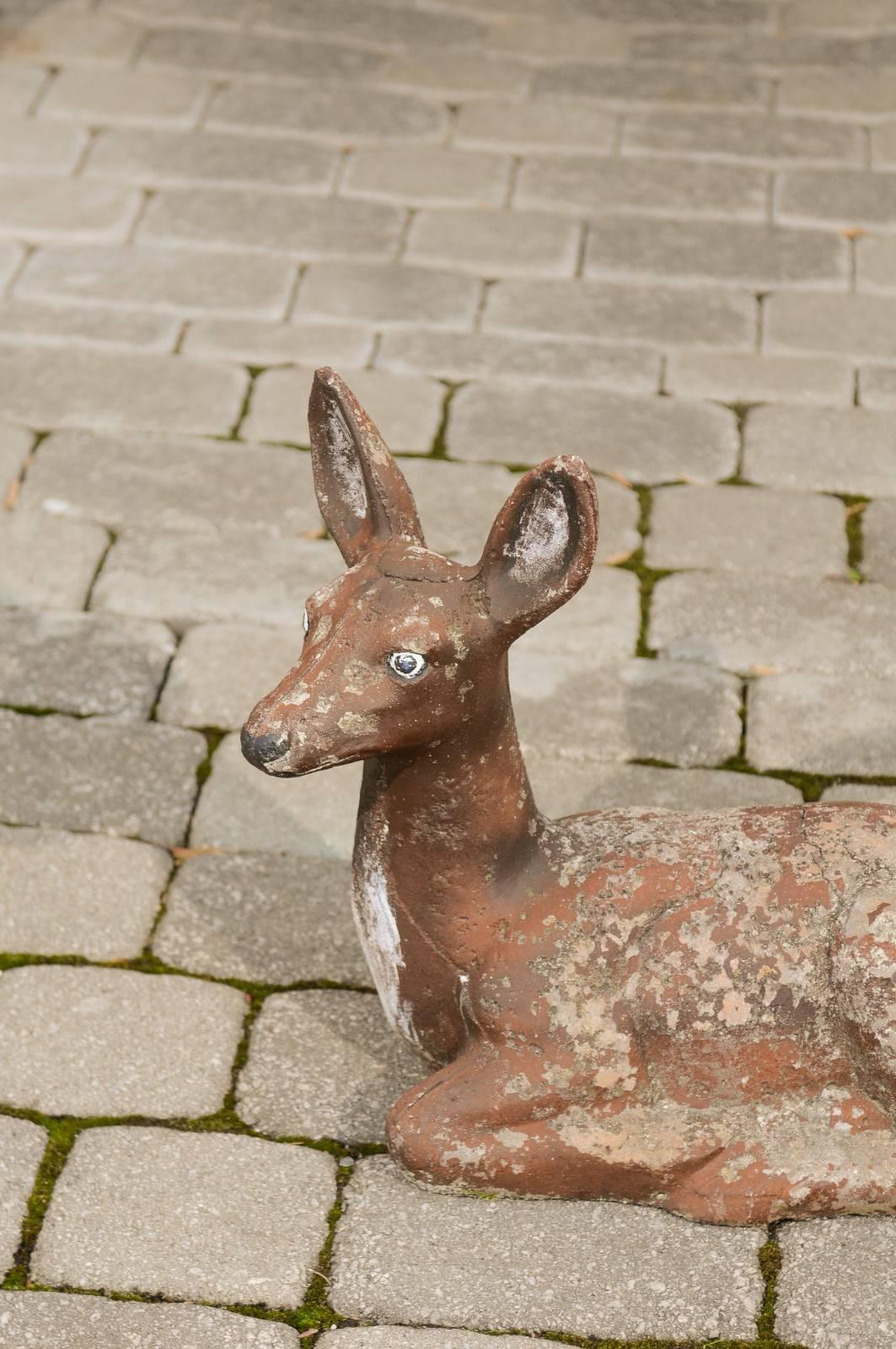 1950s French Vintage Seated Deer Painted Sculpture Cast in Reconstituted Stone  In Good Condition For Sale In Atlanta, GA