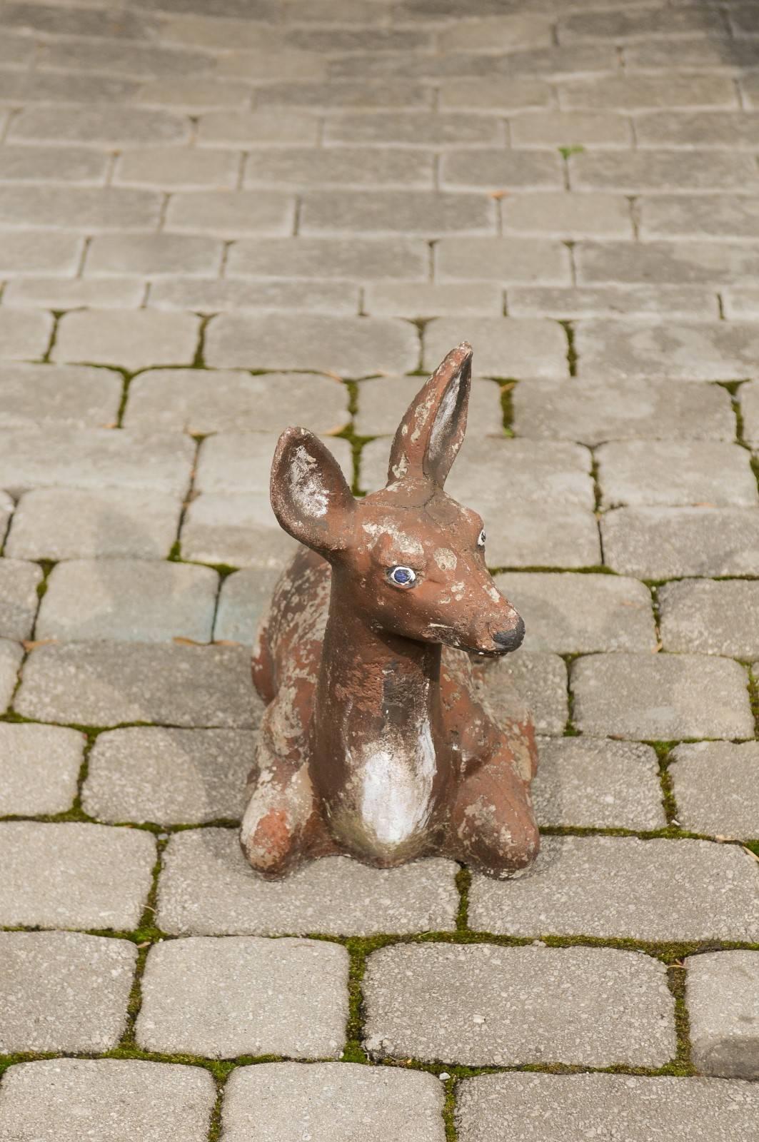1950s French Vintage Seated Deer Painted Sculpture Cast in Reconstituted Stone  For Sale 1