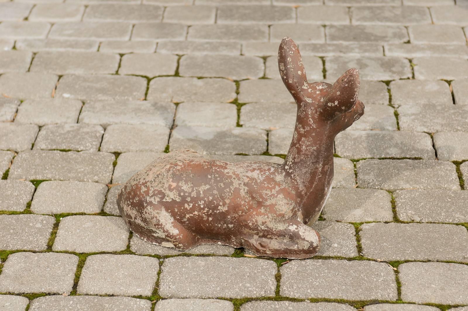 1950s French Vintage Seated Deer Painted Sculpture Cast in Reconstituted Stone  For Sale 2