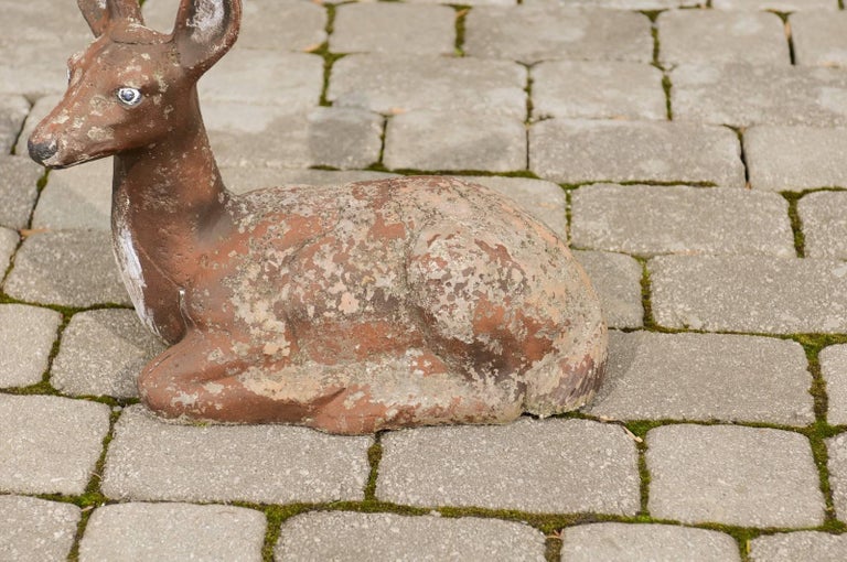20th Century 1950s French Vintage Seated Deer Painted Sculpture Cast in Reconstituted Stone  For Sale