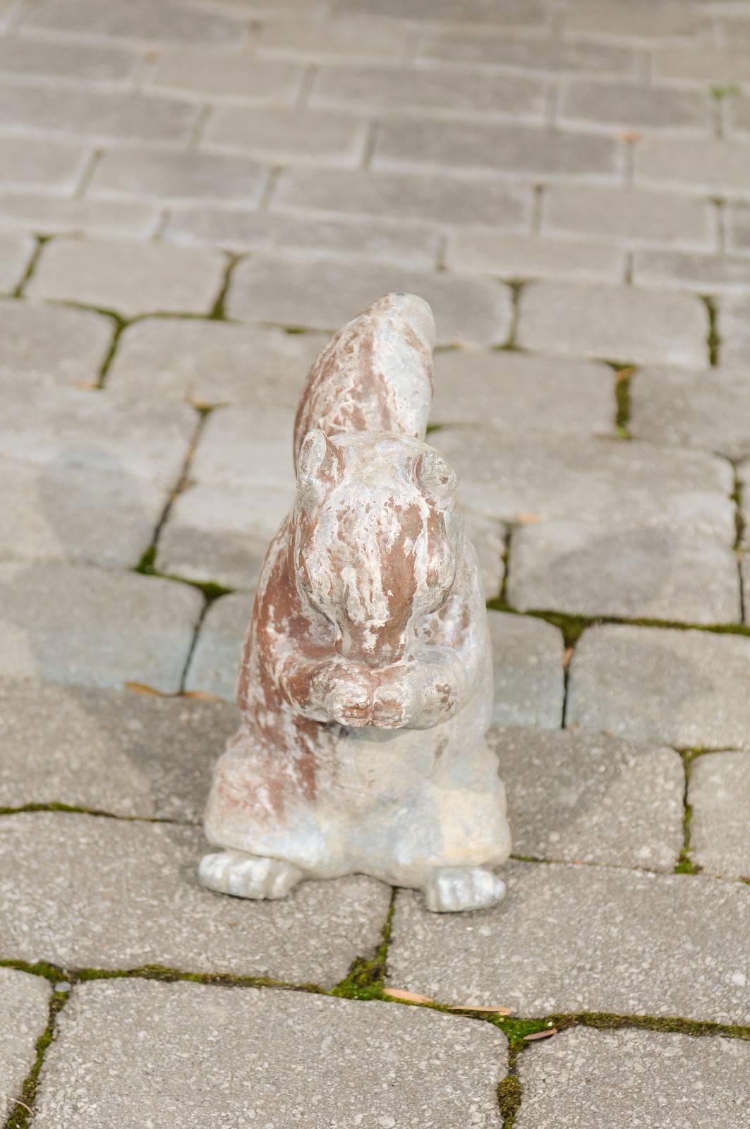 Mid-Century Modern English 1930s Painted Lead Animal Sculpture Depicting a Squirrel Eating a Nut For Sale