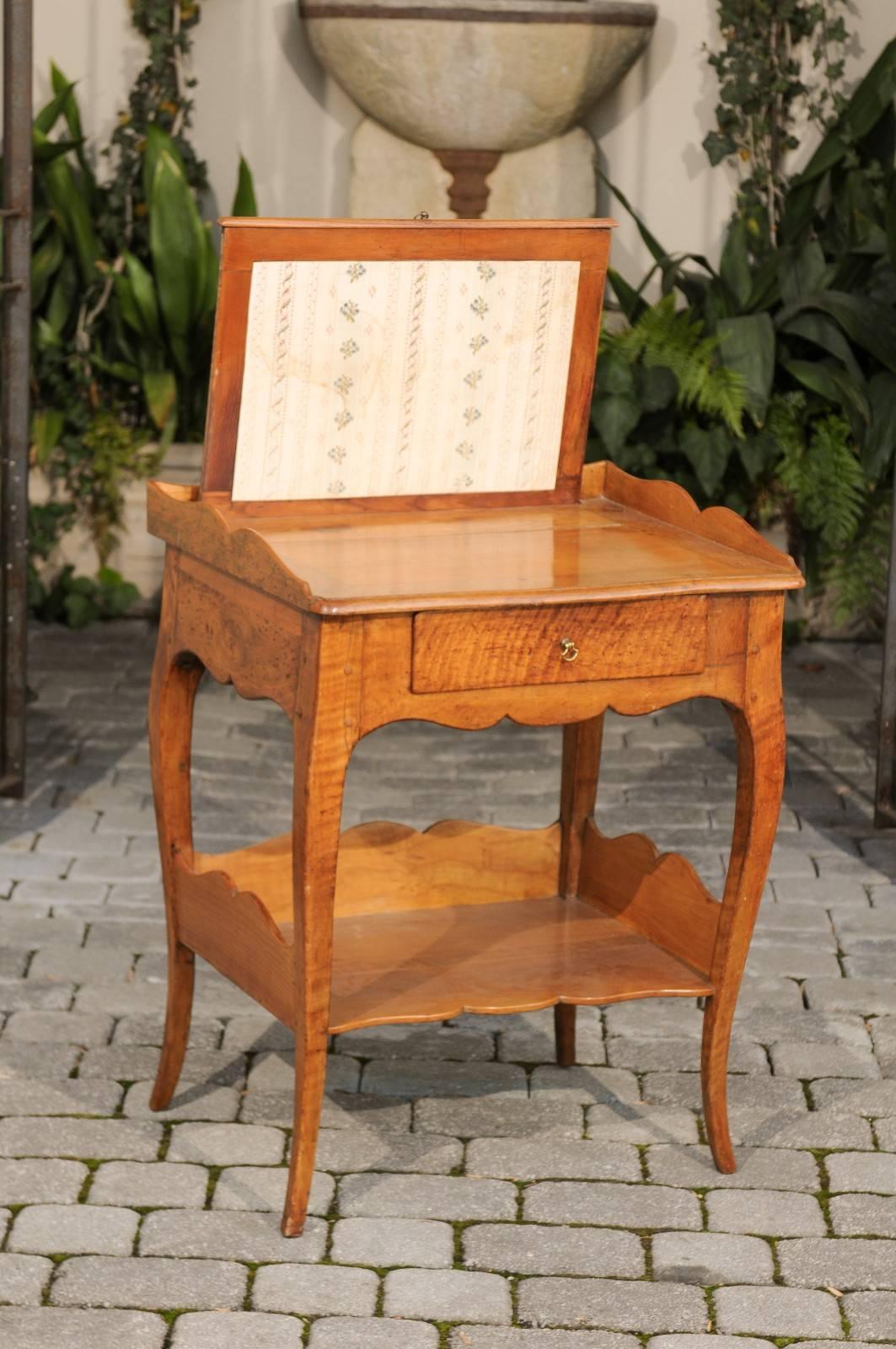 1800s French Fruitwood Side Table with Single Drawer, Fire Screen and Low Shelf 1