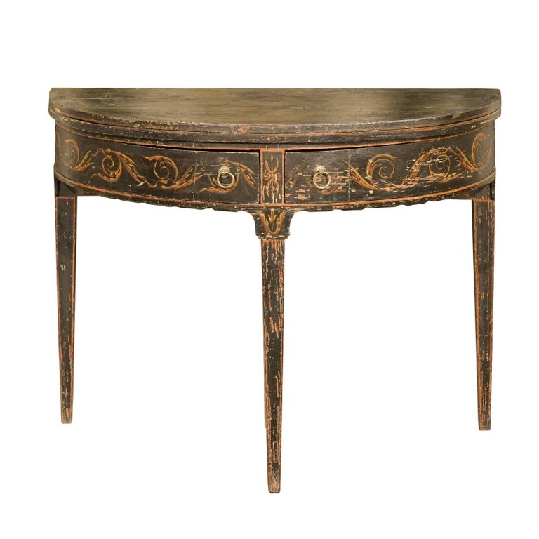 Italian 1800s Neoclical Demilune Table With Vitruvian Scroll And Italian 1800s Neoclical Demilune Table With Vitruvian Scroll And Two Drawers For