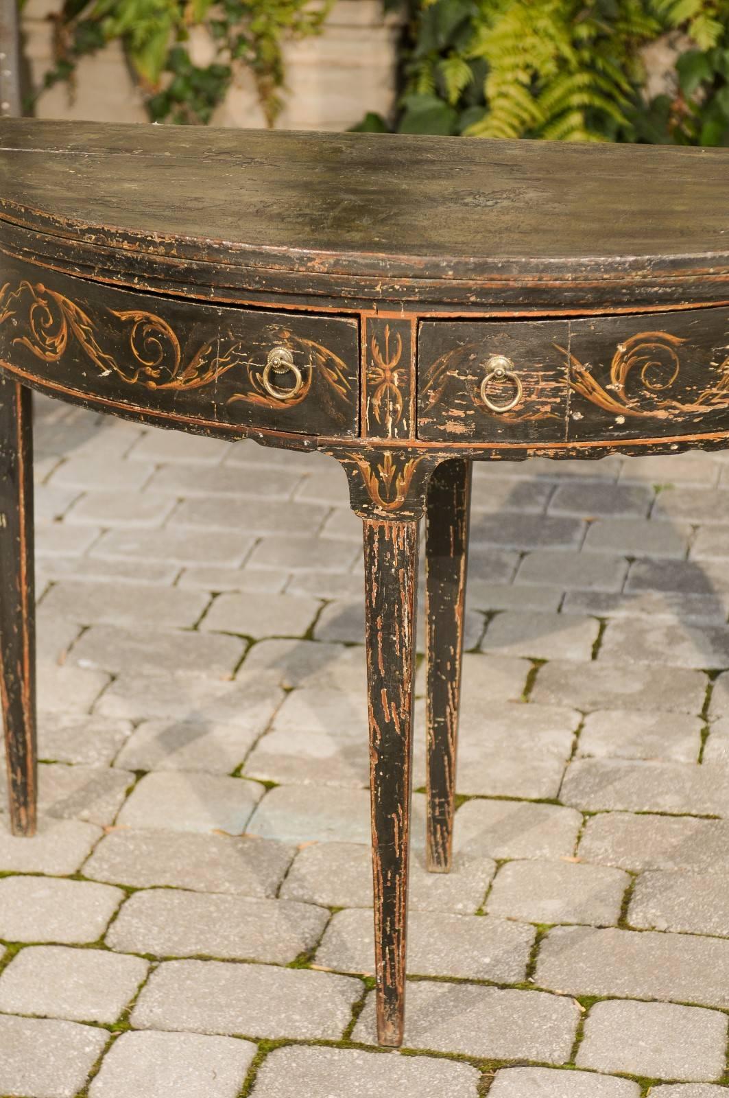 Painted Italian 1800s Neoclassical Demilune Table with Vitruvian Scroll and Two Drawers