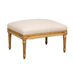 French Louis XVI Style 1920s Upholstered Ottoman with Giltwood Base and Rosettes
