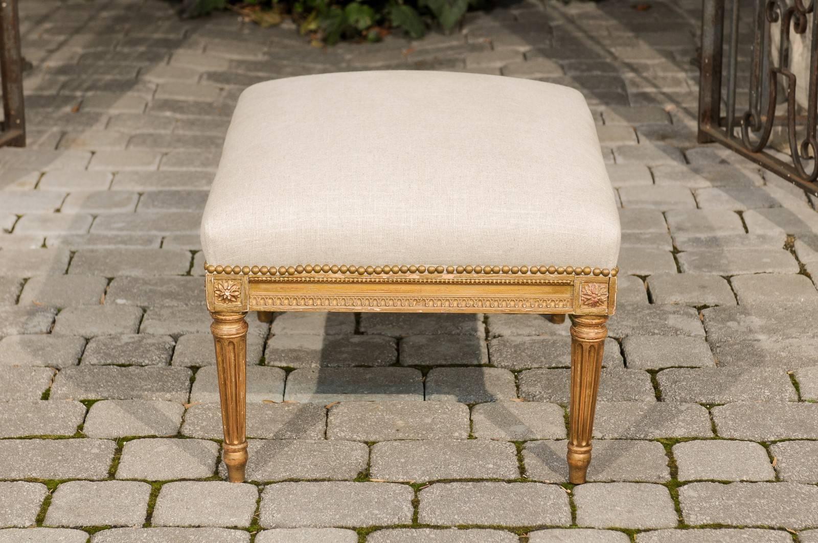 French Louis XVI Style 1920s Upholstered Ottoman with Giltwood Base and Rosettes 2