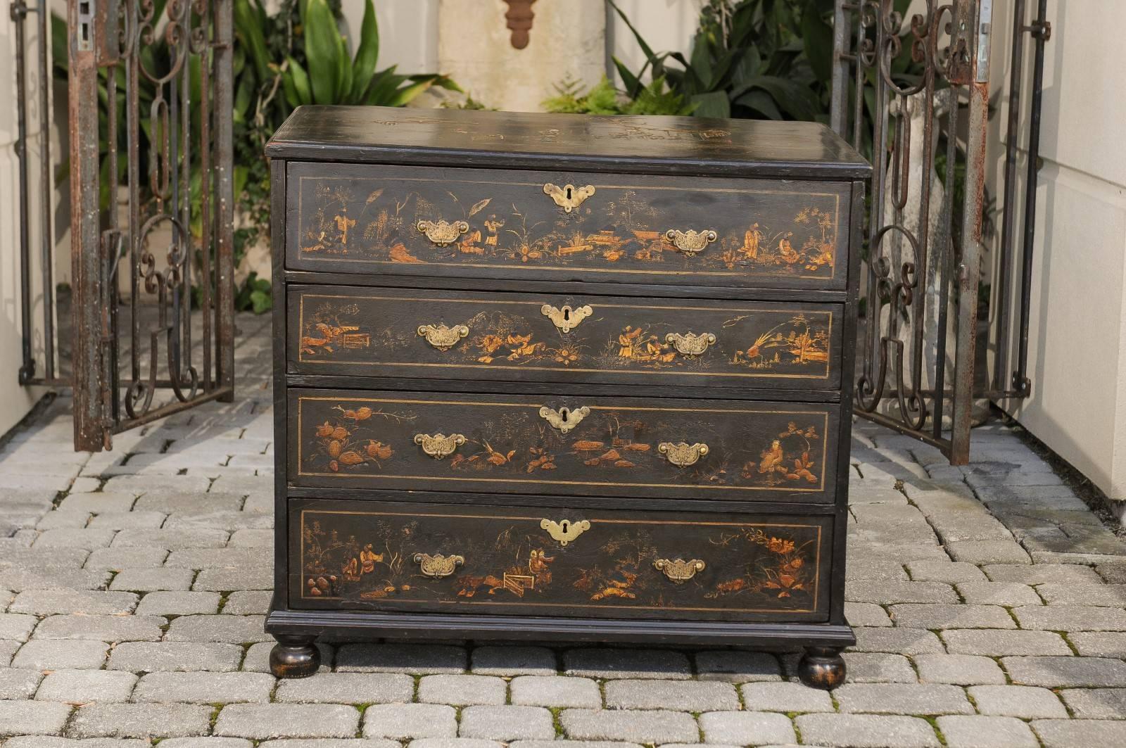 An English Chinoiserie four-drawer Georgian commode with delicate inlay from the early 18th century. This English ebonized wood chest-of-drawers features a rectangular top exquisitely adorned with Chinoiserie scenes depicting Chinese characters and