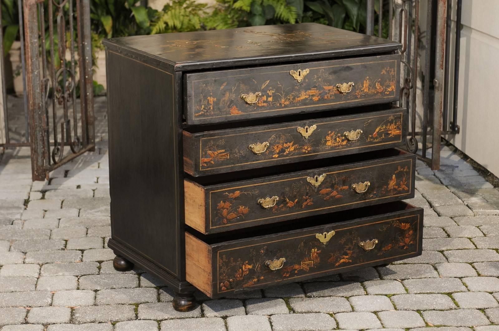 18th Century English 1725s Georgian Chinoiserie Four-Drawer Commode of Ebonized Wood