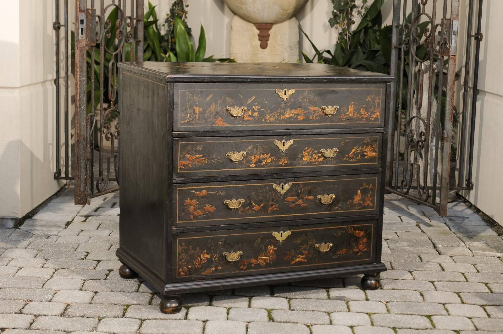 English 1725s Georgian Chinoiserie Four-Drawer Commode of Ebonized Wood In Good Condition In Atlanta, GA