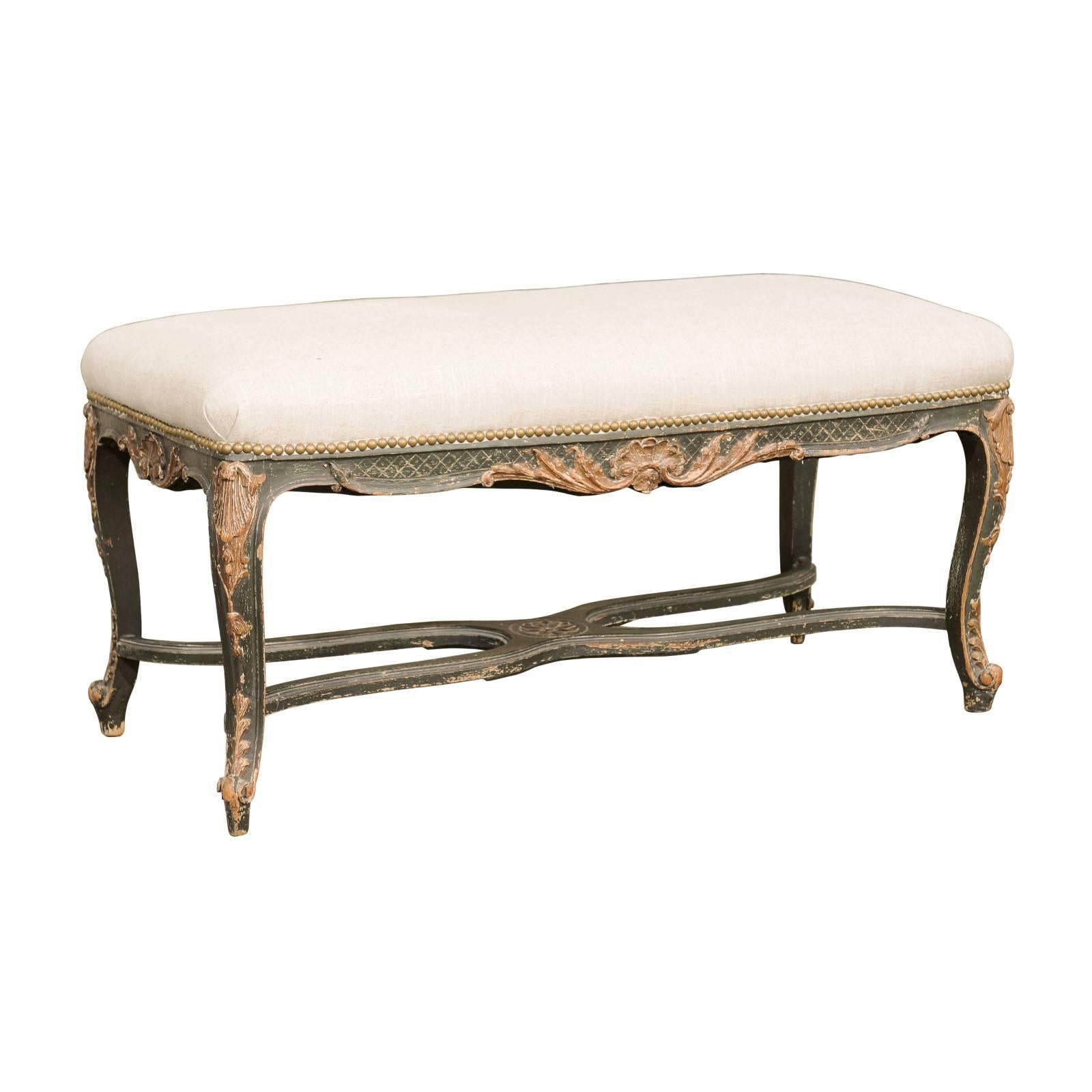 French Louis XV Style 1890s Black Painted and Parcel-Gilt Bench with Cabrioles
