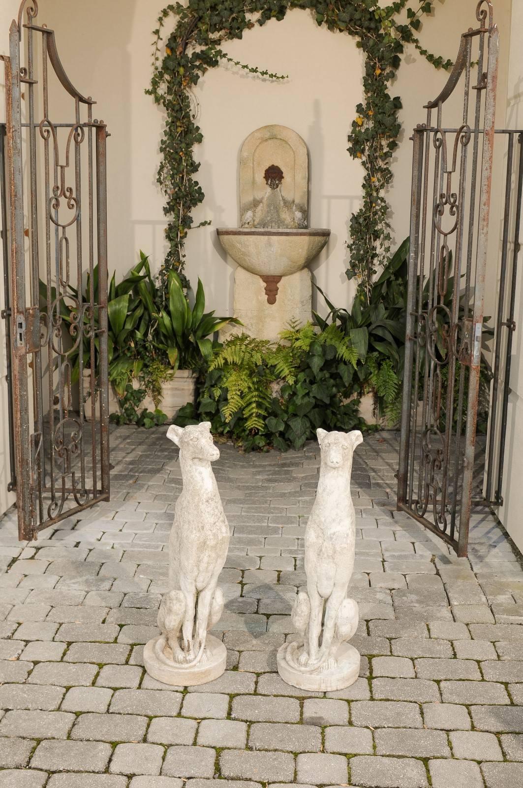 American Pair of Vintage Carved Cement Greyhound Sculptures Sitting on Circular Bases