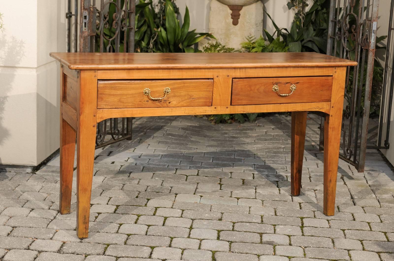 Brass Late 19th Century French Fruitwood Server with Two Drawers and Tapered Legs
