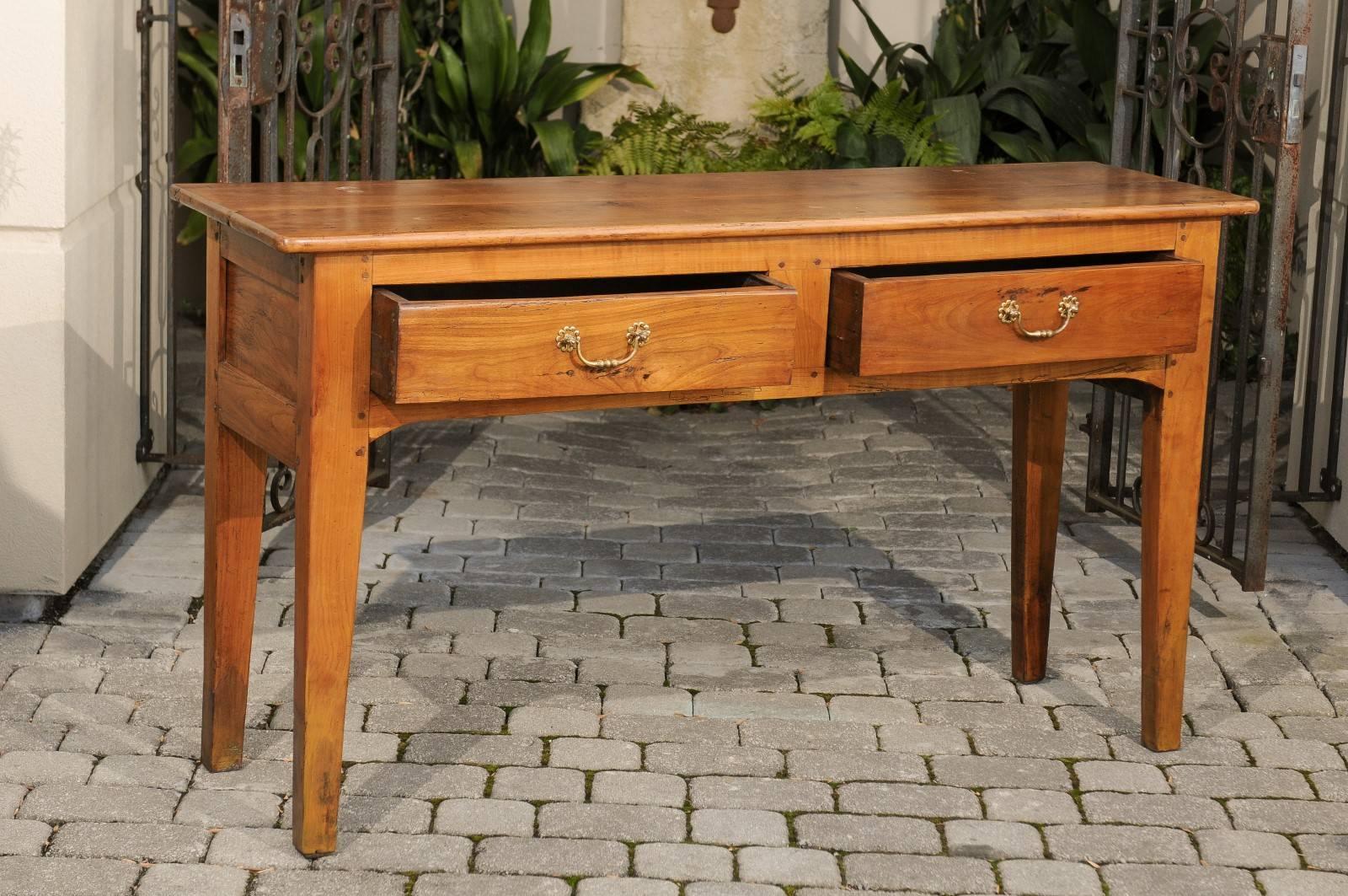 Late 19th Century French Fruitwood Server with Two Drawers and Tapered Legs For Sale 2