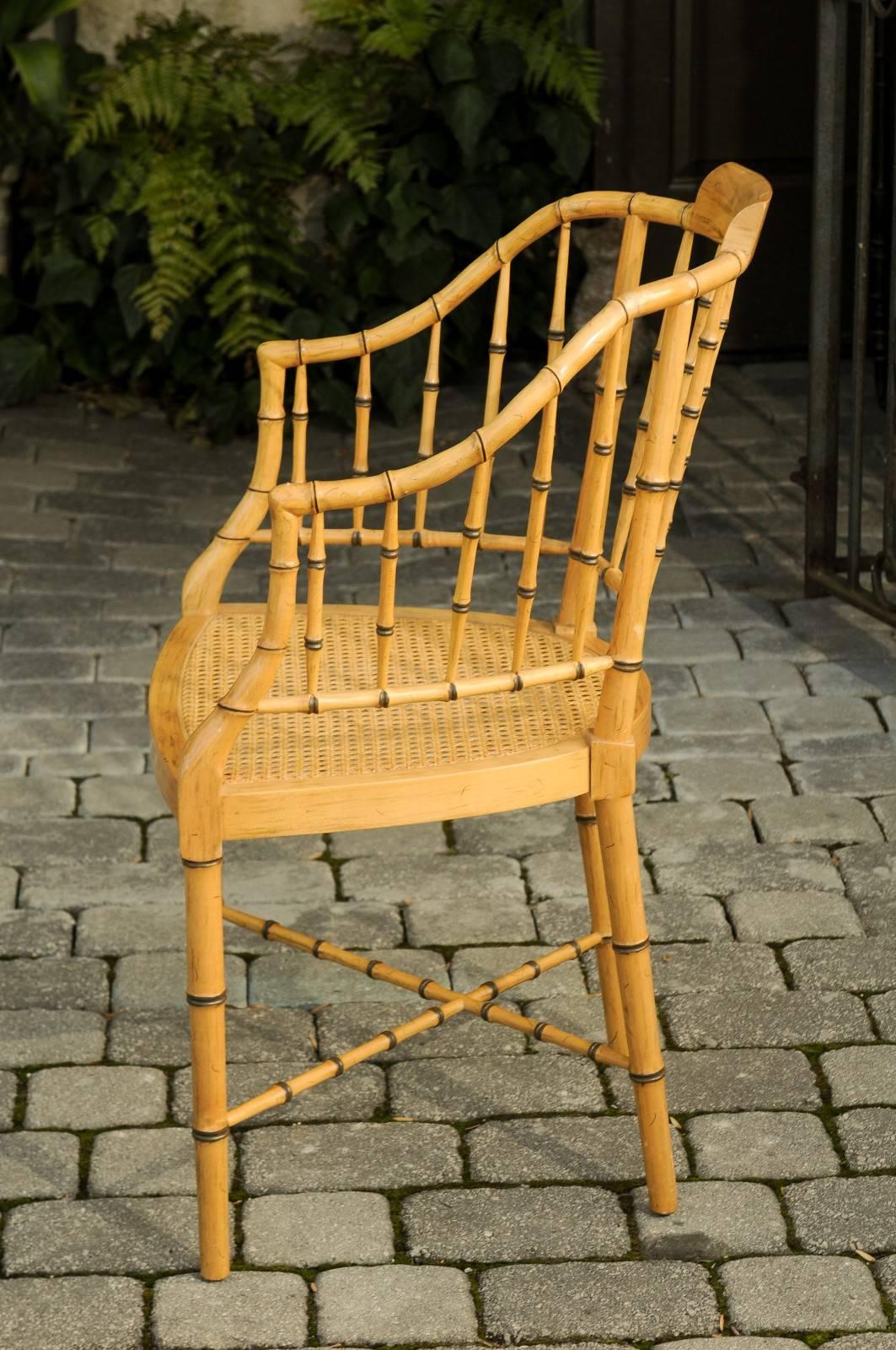 Mid-Century Modern Baker Furniture Vintage Faux Bamboo Tub Chair with Cane Seat and Cross Stretcher