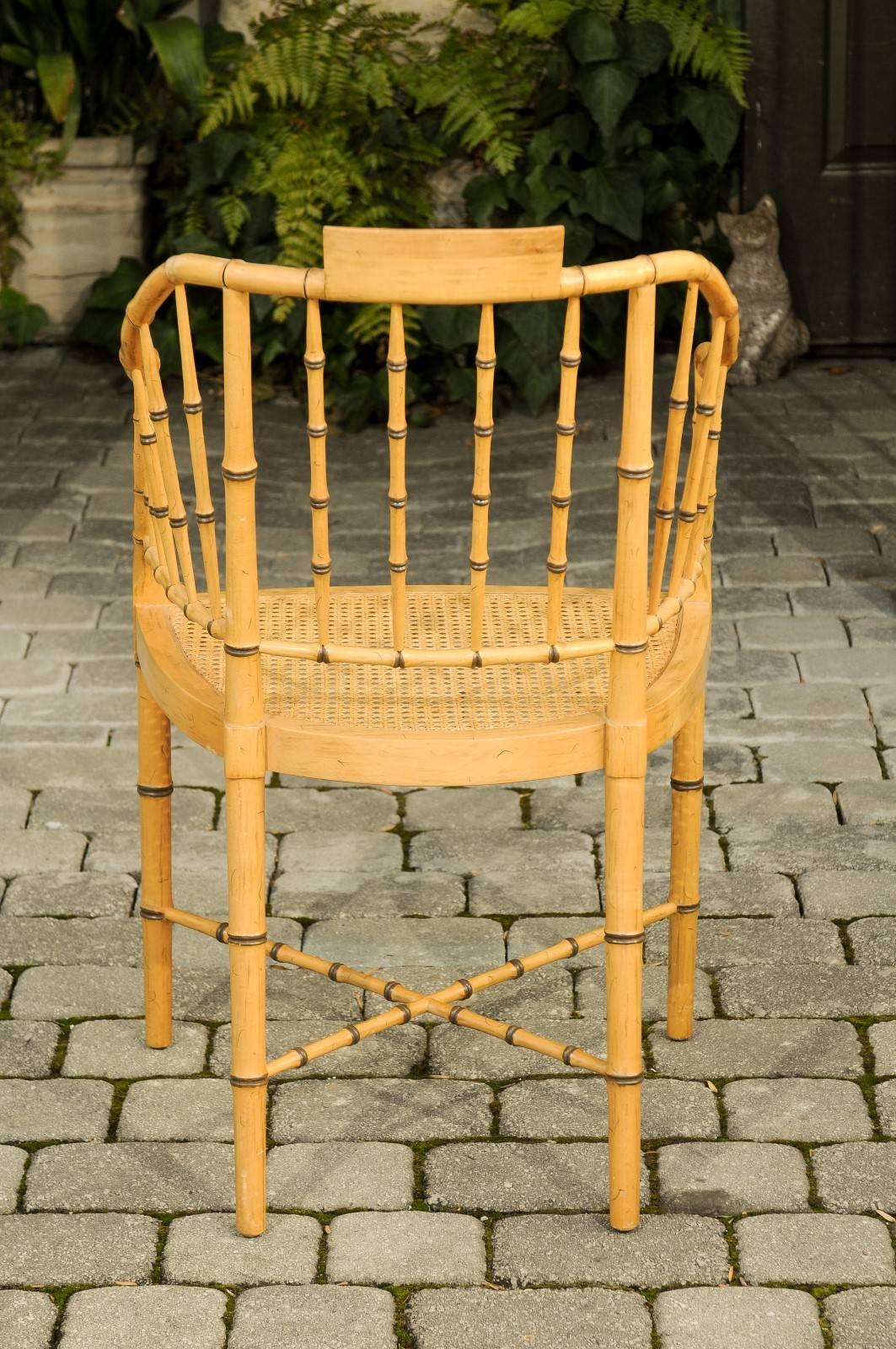 American Baker Furniture Vintage Faux Bamboo Tub Chair with Cane Seat and Cross Stretcher