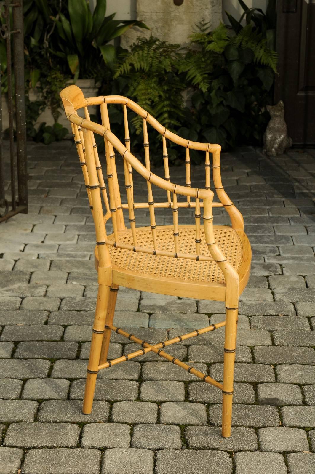 Baker Furniture Vintage Faux Bamboo Tub Chair with Cane Seat and Cross Stretcher In Good Condition In Atlanta, GA