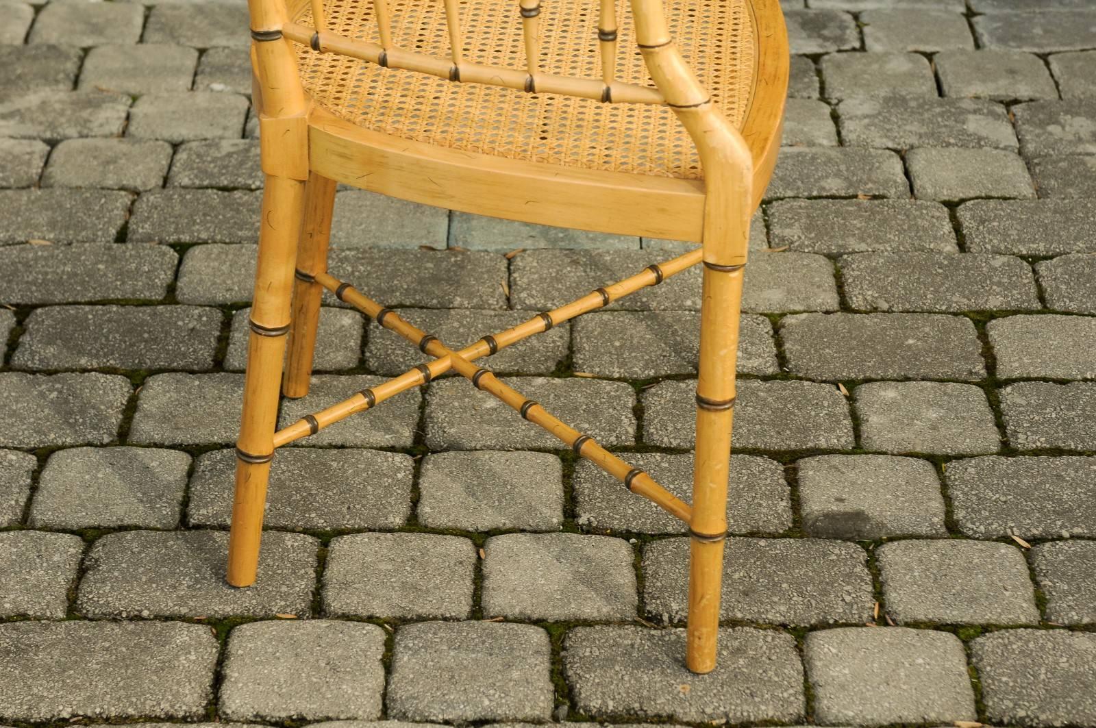 20th Century Baker Furniture Vintage Faux Bamboo Tub Chair with Cane Seat and Cross Stretcher