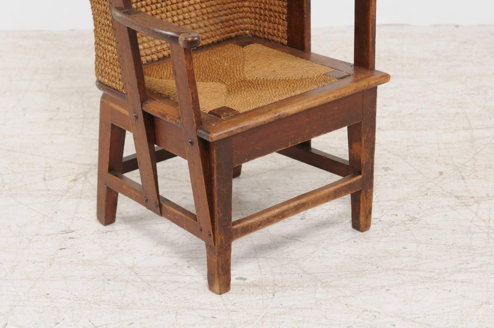 Rustic Scottish Late 19th Century Orkney Chair with Wraparound Handwoven Straw Back