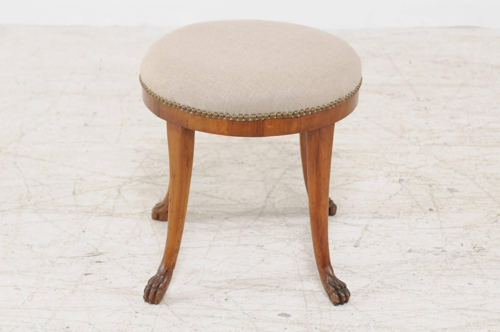 Upholstery Austrian Biedermeier Round Stool with Saber Legs and Paw Feet, circa 1850-1860