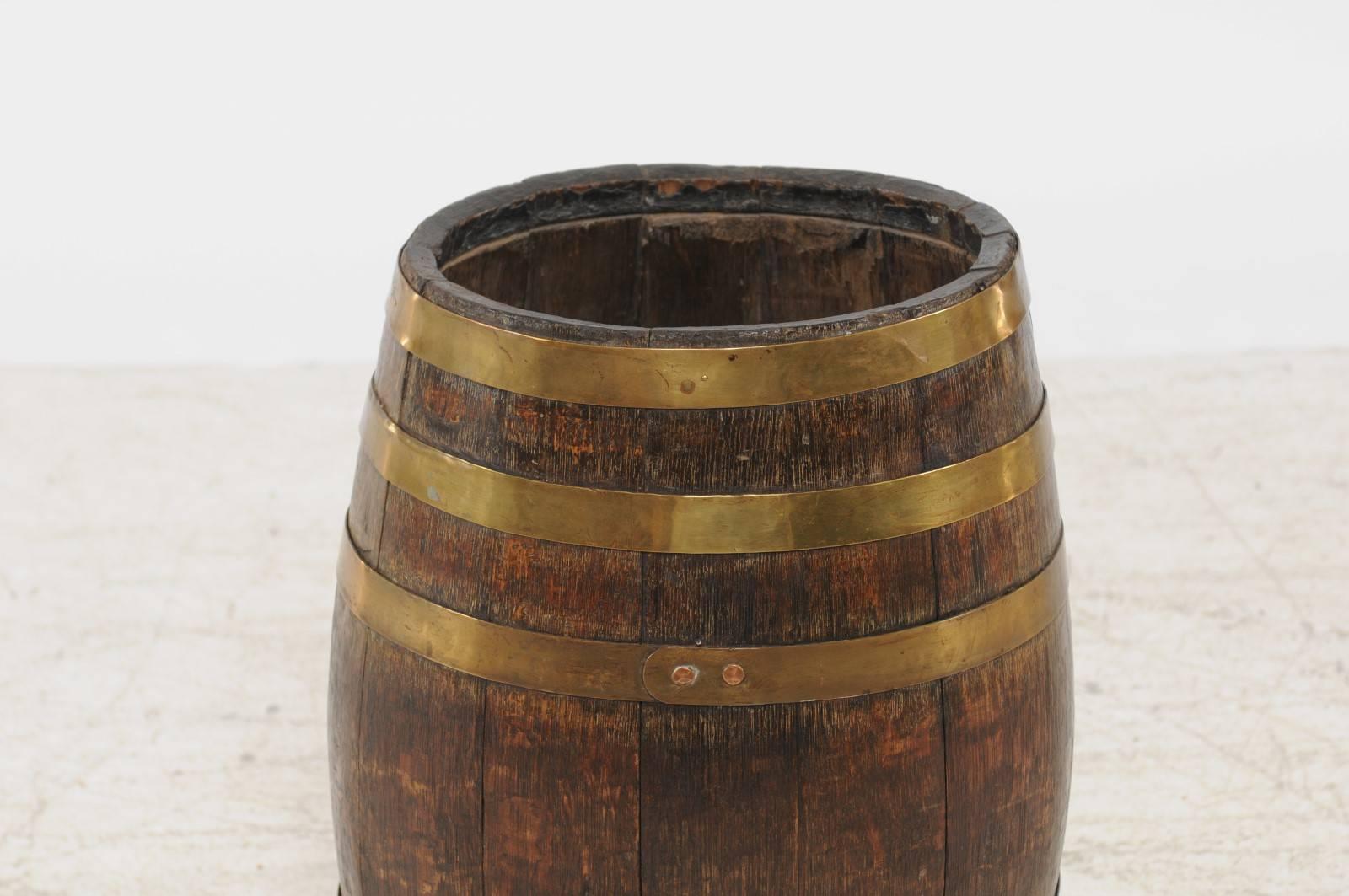 English Tall Oak Barrel with Brass Straps from the Late 19th Century 3