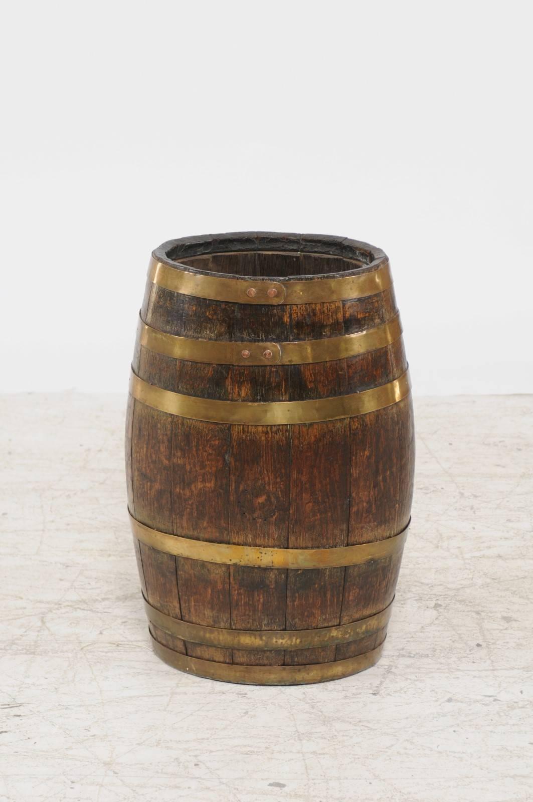 English Tall Oak Barrel with Brass Straps from the Late 19th Century 1