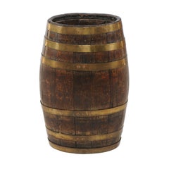 English Tall Oak Barrel with Brass Straps from the Late 19th Century