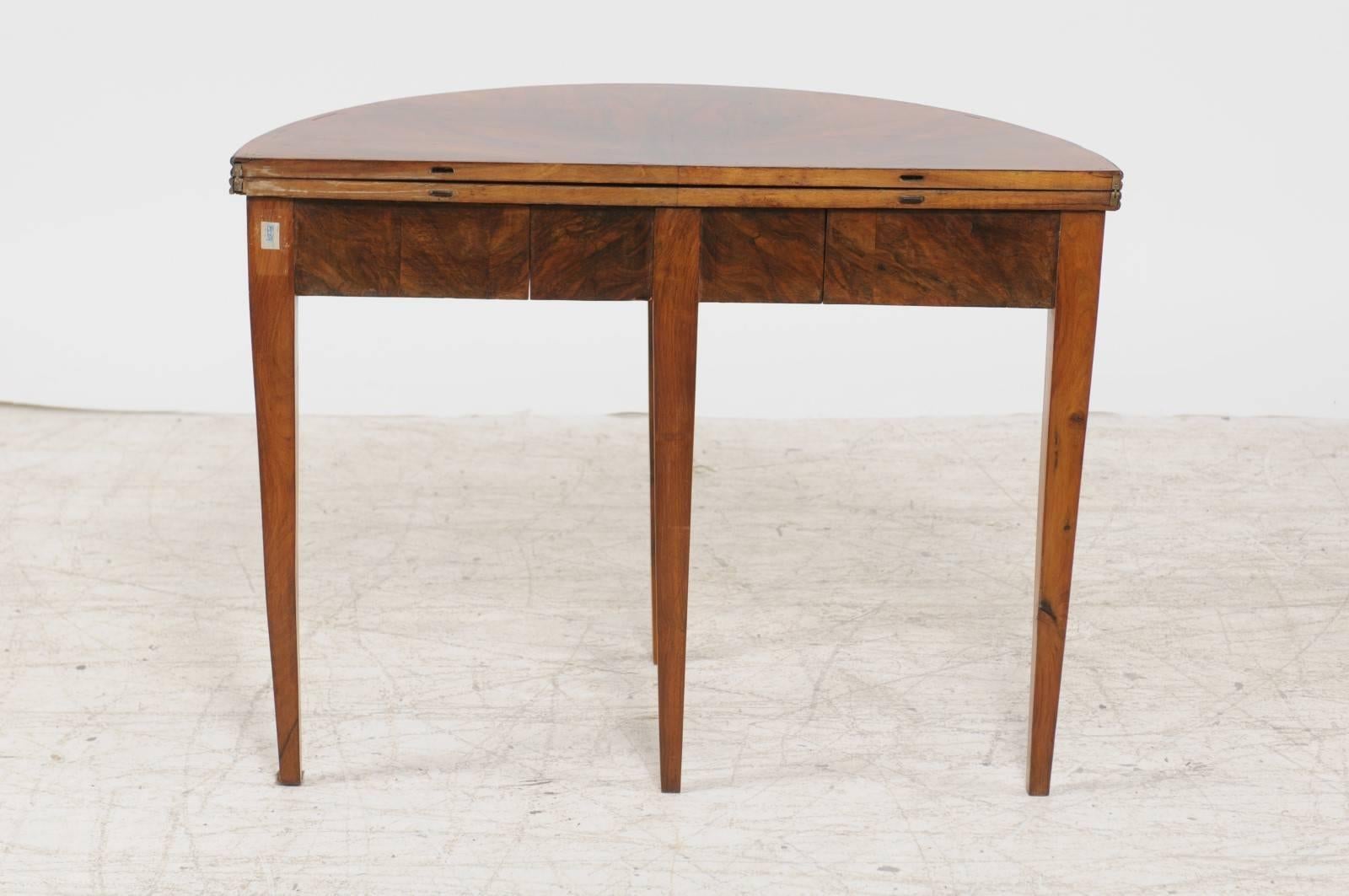 French Burled Walnut Folding Demilune Console Table with Hidden Drawer, 1890s 4