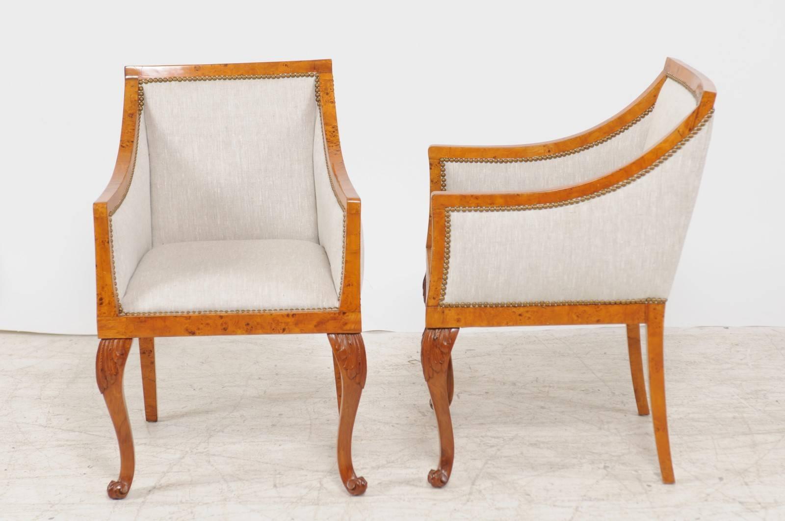 Pair of 1850s Biedermeier Austrian Burled Wood Bergères with New Upholstery 5
