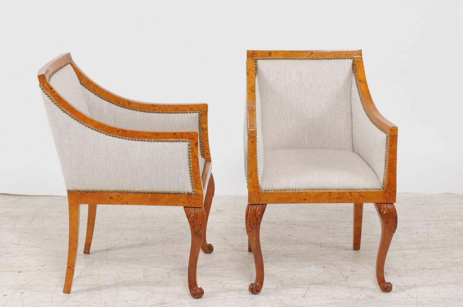 Pair of 1850s Biedermeier Austrian Burled Wood Bergères with New Upholstery 1