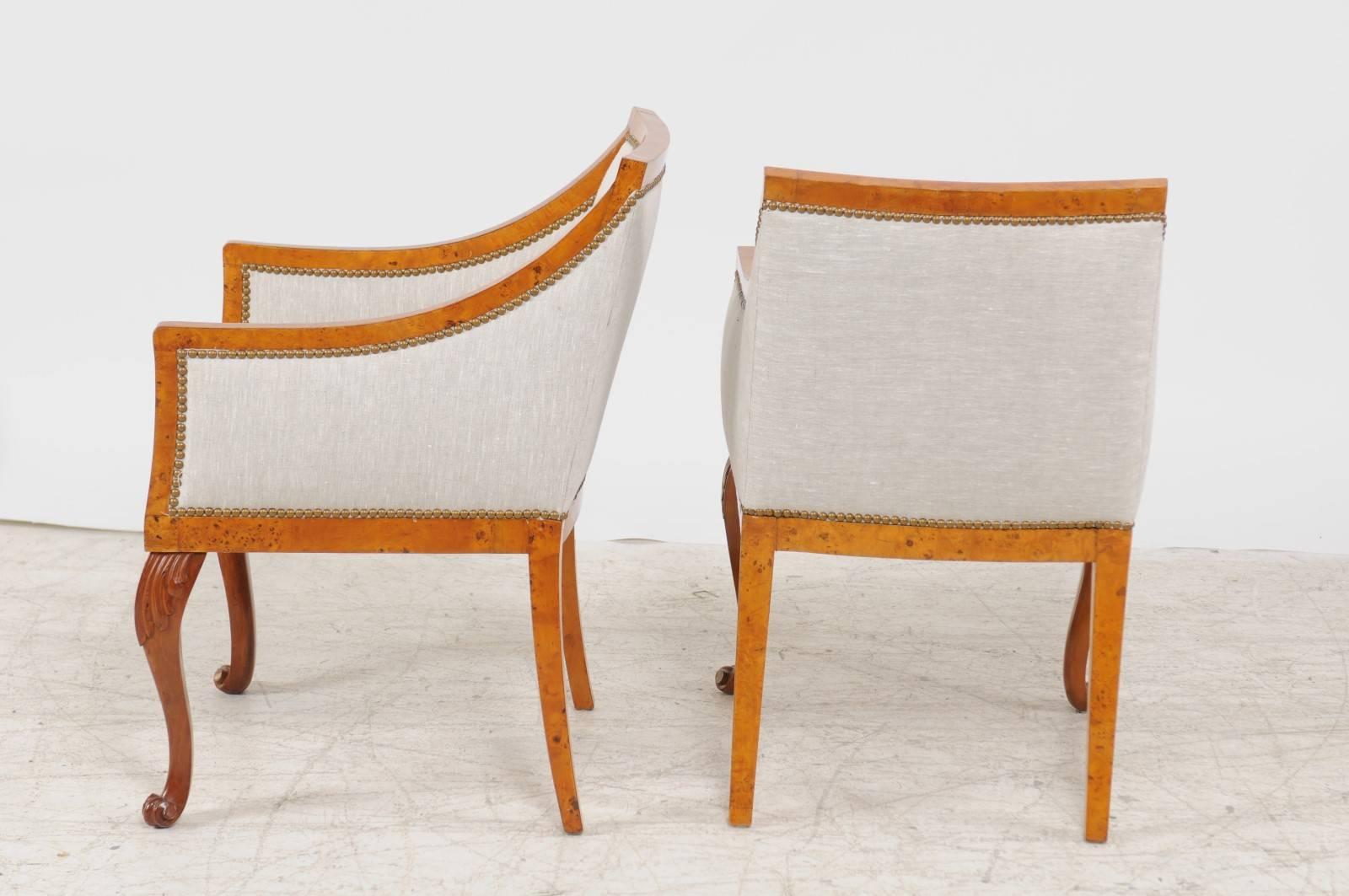 Pair of 1850s Biedermeier Austrian Burled Wood Bergères with New Upholstery 4