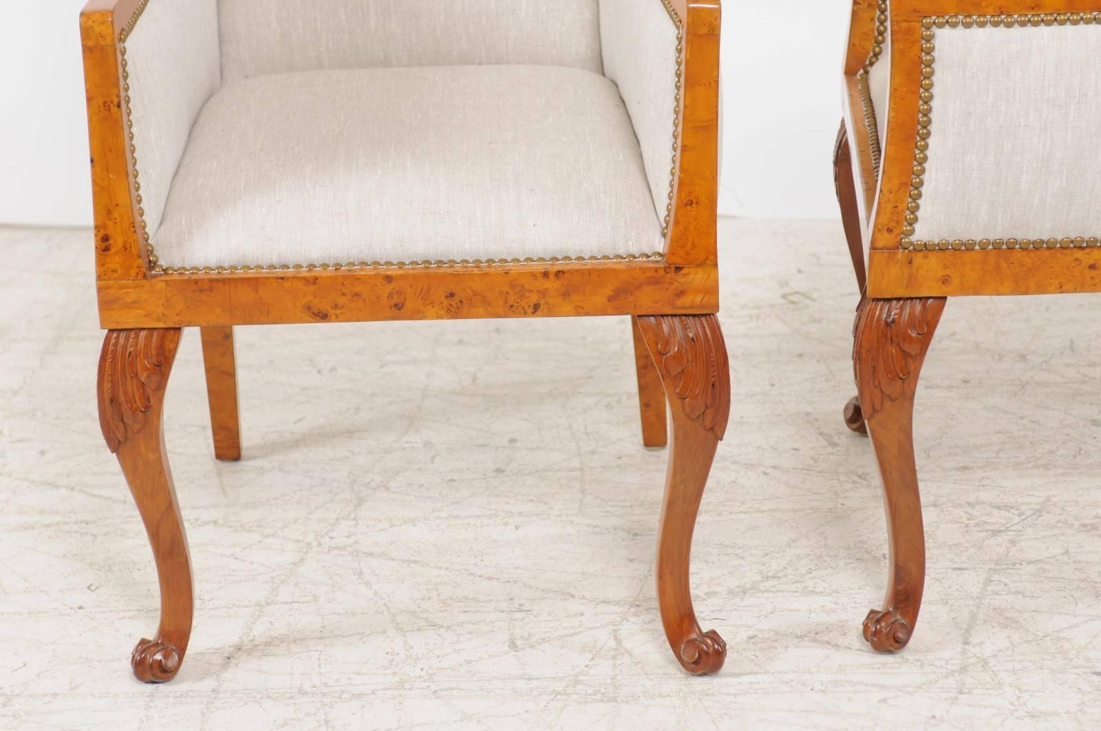 Pair of 1850s Biedermeier Austrian Burled Wood Bergères with New Upholstery 6